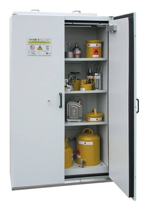 Gefahrstoffschrank, BxTxH 1190x598x1935 mm, Innen HPL, 3 Böden, 1 Bodenauffangwanne mit Lochblecheinsatz, Typ 90, RAL 70-0