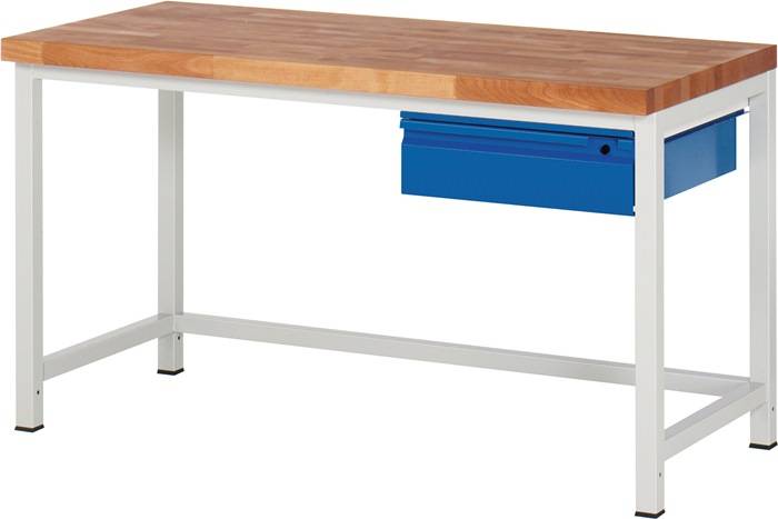 Werkbank, BxTxH 1500x700x840-1040 mm, Platte Buche 40 mm, 1 Schublade 150 mm, RAL 7035/5010-0