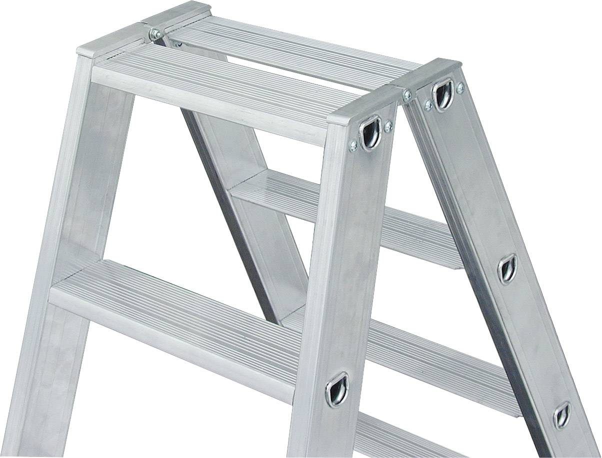 Eine Aluminiumleiter mit zwei parallelen Stufen. Geeignet für Arbeiten, die erhöhte Positionen erfordern.