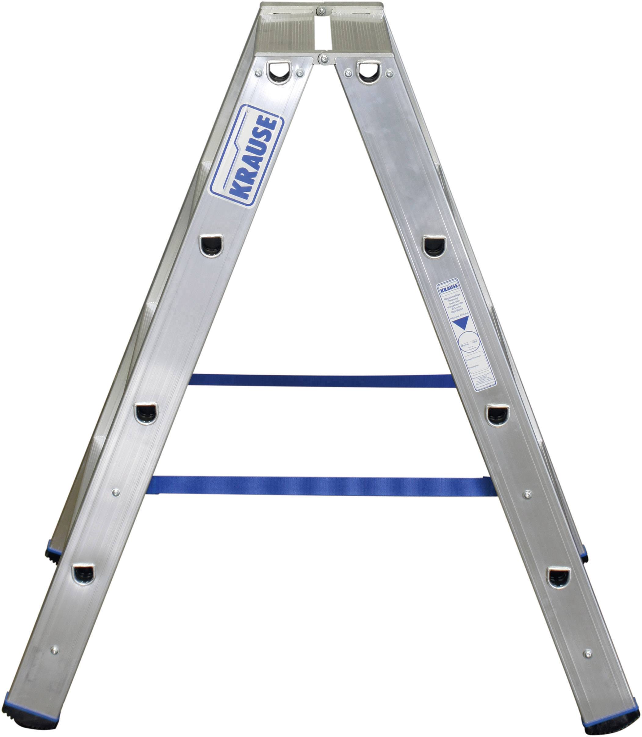 Aluleiter mit blauen Stufen, zusammengestellt in A-Form; gebrandet mit 'Krause' Logo auf der Seite.