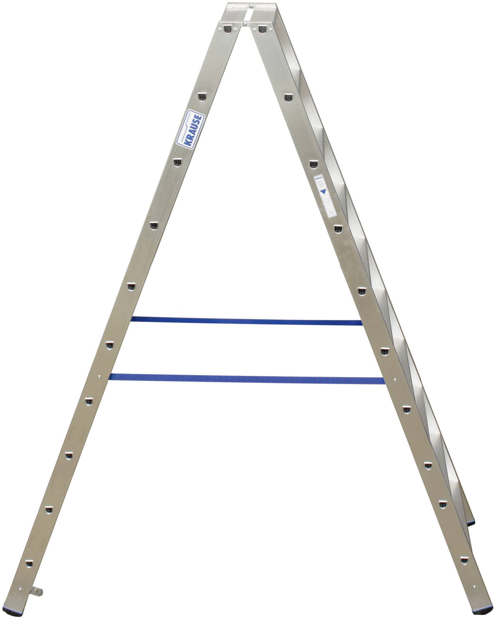 Eine Aluminiumleiter steht aufgeklappt aufrecht. Sie hat zwei Stützstreben in der Mitte zur Stabilisierung und gummierte Fußkappen.
