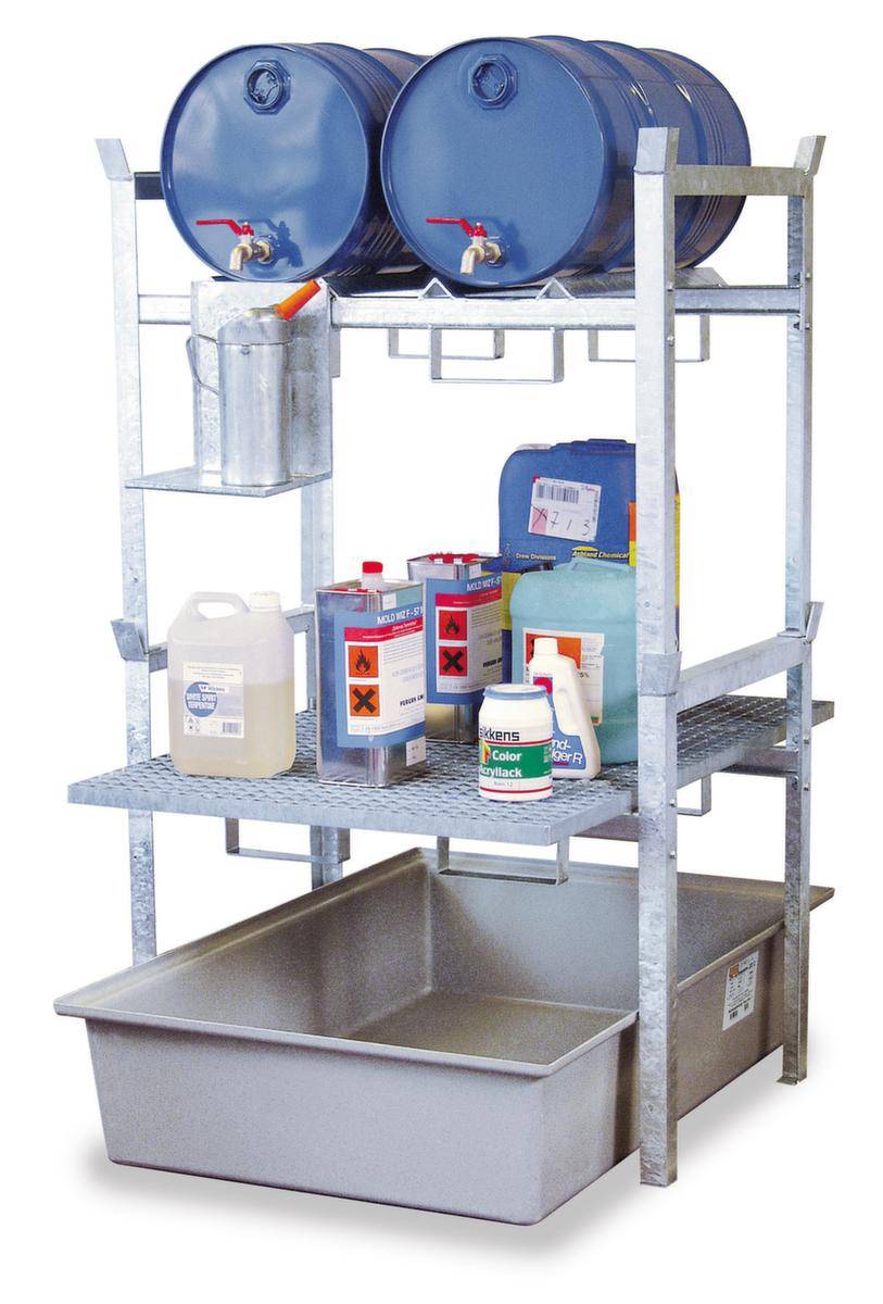 Stapelgestell,f. 2x60l Fass,HxBxT 1620x990x1250mm,2xGitterrost/Fassauflagen,verzinkt,m. GFK-Auffangwanne-0
