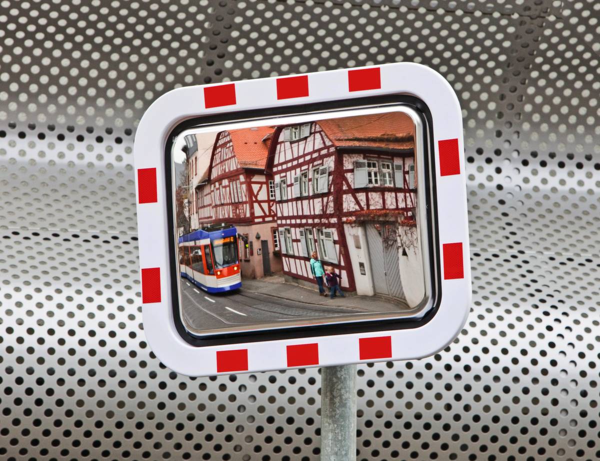 Verkehrsspiegel,HxB 450x600mm,Spiegel Edelstahl,Rahmen Kunststoff,rot/weiß-0
