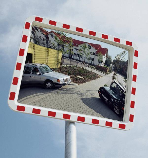 Verkehrsspiegel,HxB 600x800mm,max. Sichtweite 10m,Spiegel Acrylglas,Rahmen Kunststoff,rot/weiß