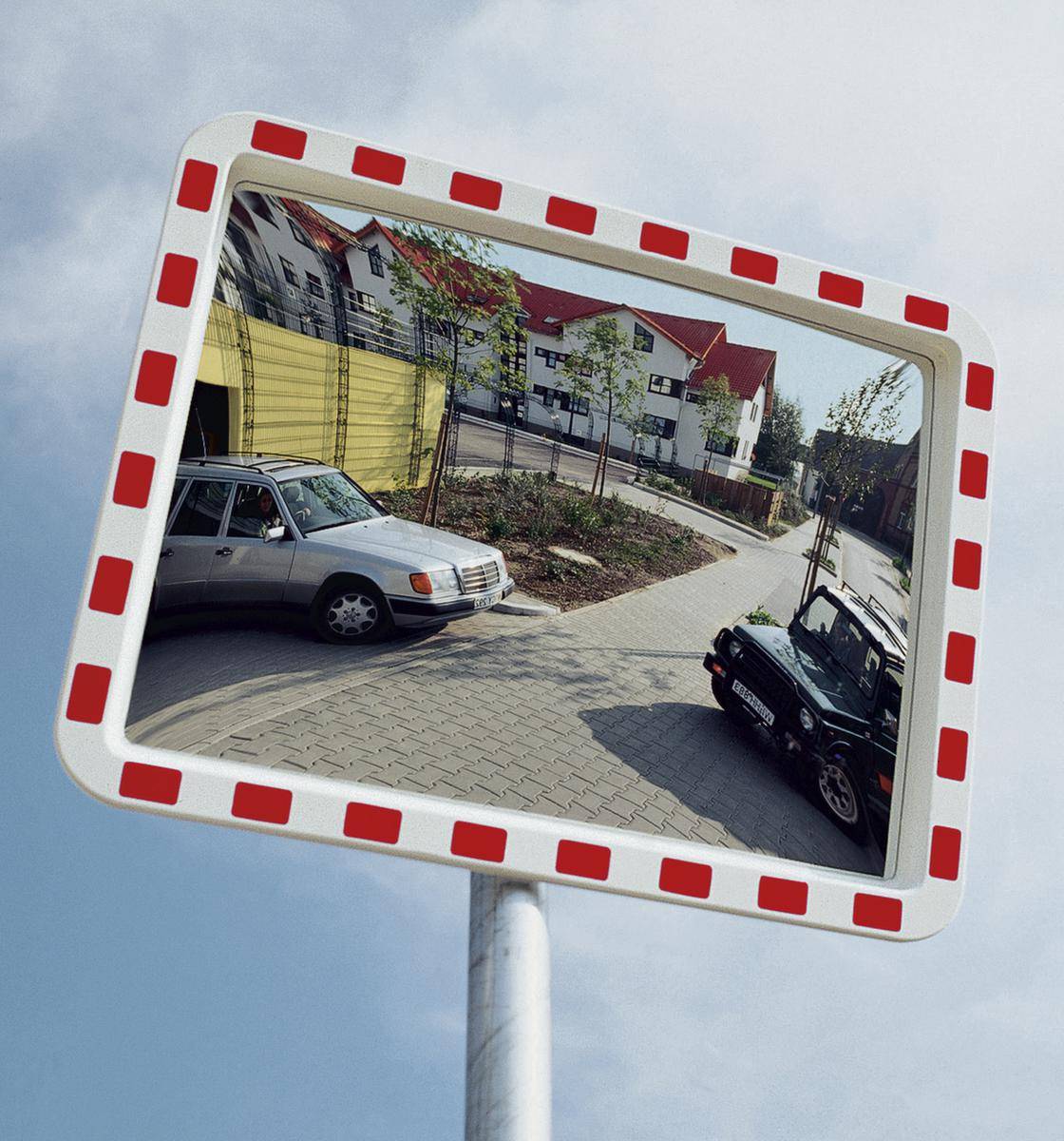 Verkehrsspiegel,HxB 800x1000mm,max. Sichtweite 15m,Spiegel Acrylglas,Rahmen Kunststoff,rot/weiß-0
