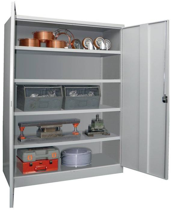 Schwerlastschrank, Vollblechtüren, 4 Böden, 200 kg Traglast, BxTxH 1470x630x1950 mm, RAL 7035-1