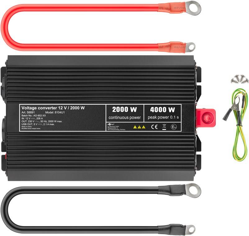 Goobay 58891 12V auf 230V Spannungswandler, DC AC Wandler 2000W, Kfz Autobatterie Anschluss Batteriekabel, USB Buchse-1