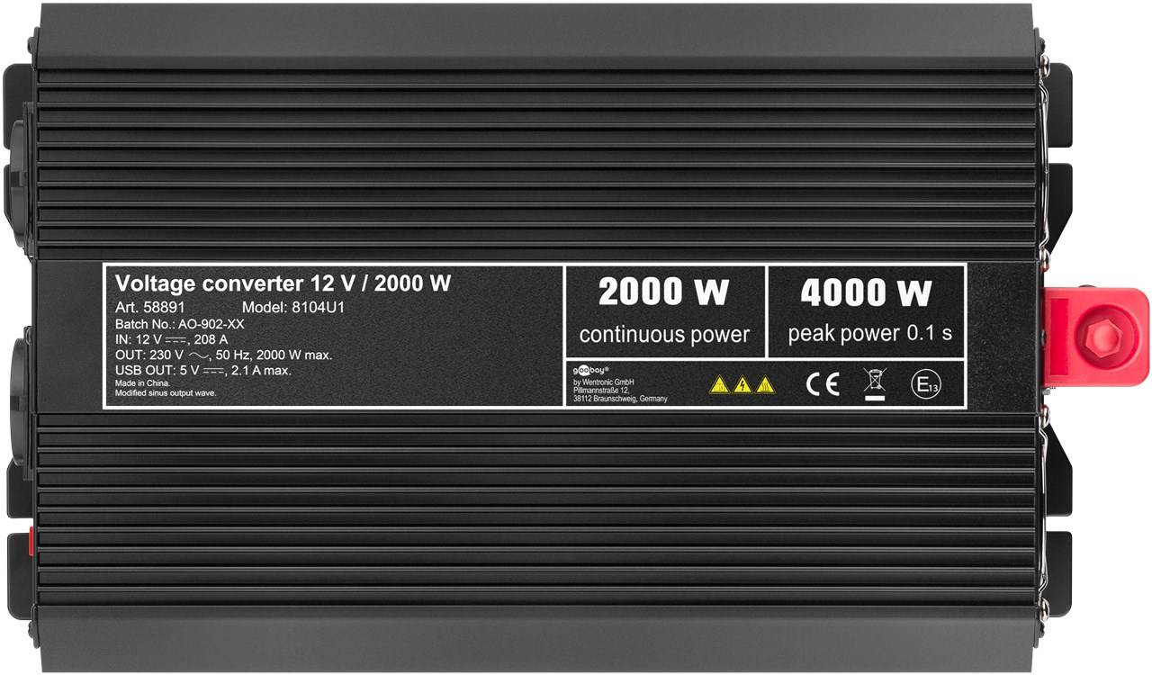 Goobay 58891 12V auf 230V Spannungswandler, DC AC Wandler 2000W, Kfz Autobatterie Anschluss Batteriekabel, USB Buchse-4