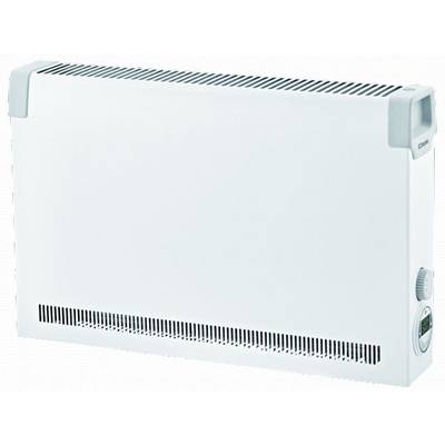 Ein weißer elektrischer Konvektorheizer mit Lüftungsschlitzen oben und unten, rechtsseitigem Bedienknopf und Temperaturanzeige.