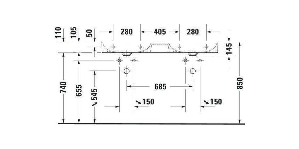 Duravit Doppelwaschtisch DURASQUARE o ÜL m HLB geschli 1200x470mm 1-4