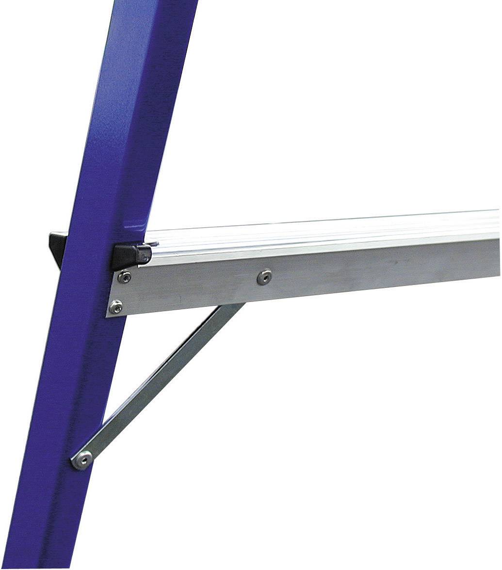 Nahaufnahme einer blauen Metallleiter mit silbernen Sprossen; Fokus auf einem Verbindungselement an der Seite der Leiter.