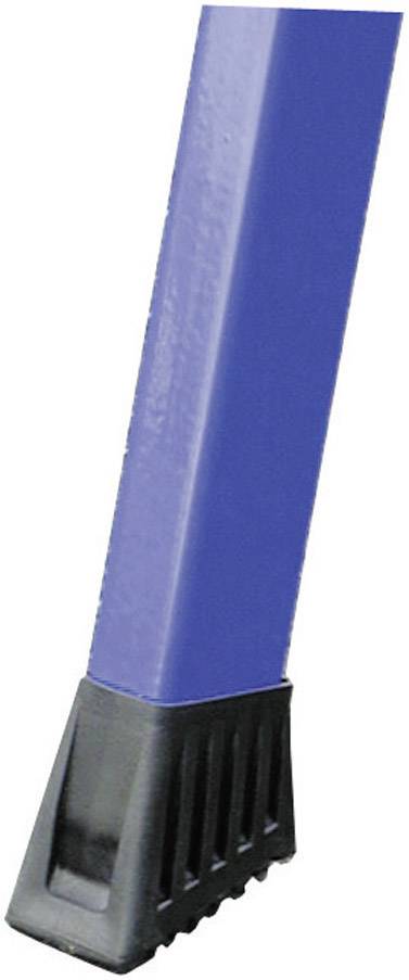 Ein Abschnitt eines blauen Stuhls mit einem schwarzen, gummierten Fuß, der Stabilität und Schutz vor dem Verrutschen bietet.