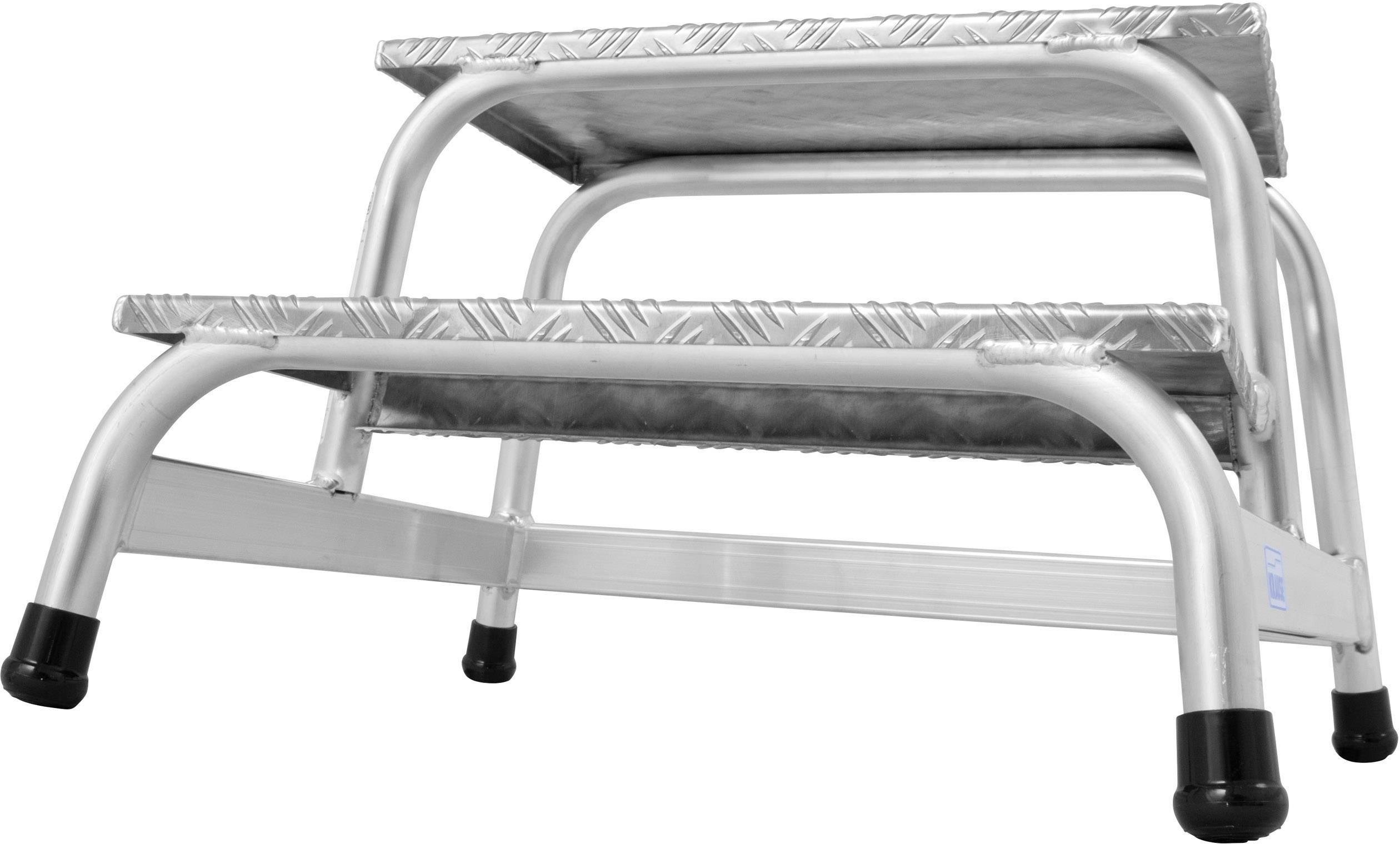 Eine zweistufige metallene Trittleiter mit rutschfesten Gummifüßen, geeignet für den Gebrauch in Haushalten oder Werkstätten.