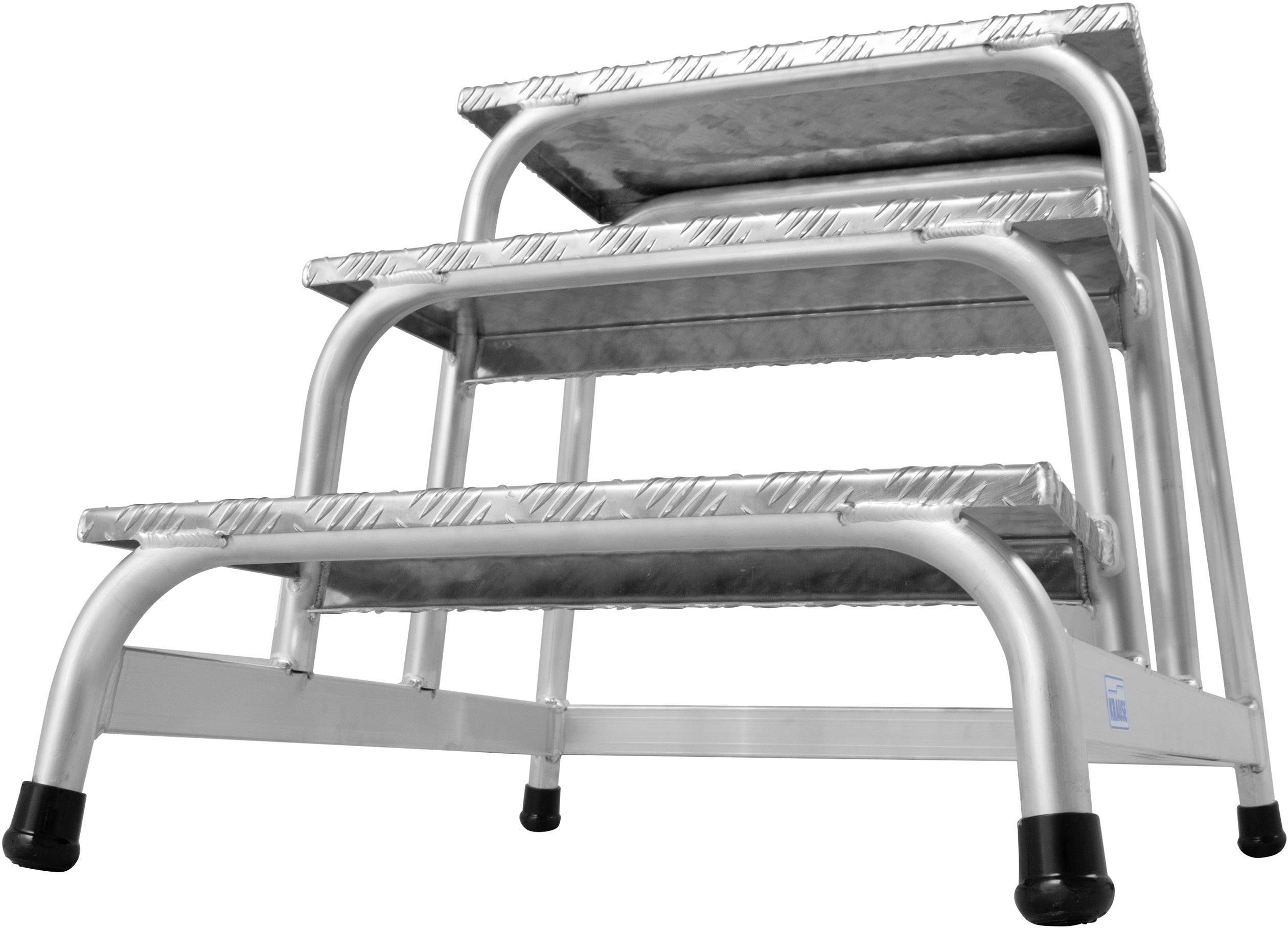 Dreistufige Metallleiter mit rutschfesten Stufen und gummierten Füßen für Stabilität.