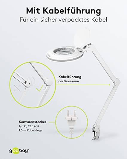 Goobay 60362 LED Lupenleuchte mit Tischklemme Ø 127mm Kristall Linse 3 Dioptrien Lupe mit Licht dimmbar Lupenlampe Weiß-5