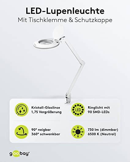 Goobay 60362 LED Lupenleuchte mit Tischklemme Ø 127mm Kristall Linse 3 Dioptrien Lupe mit Licht dimmbar Lupenlampe Weiß-1