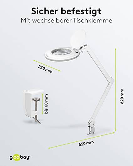 Goobay 60362 LED Lupenleuchte mit Tischklemme Ø 127mm Kristall Linse 3 Dioptrien Lupe mit Licht dimmbar Lupenlampe Weiß-2