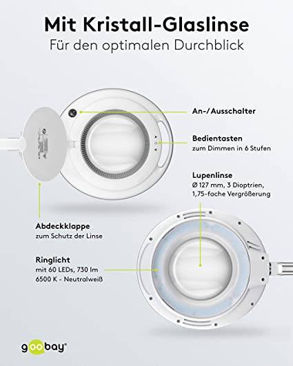 Goobay 60362 LED Lupenleuchte mit Tischklemme Ø 127mm Kristall Linse 3 Dioptrien Lupe mit Licht dimmbar Lupenlampe Weiß-4