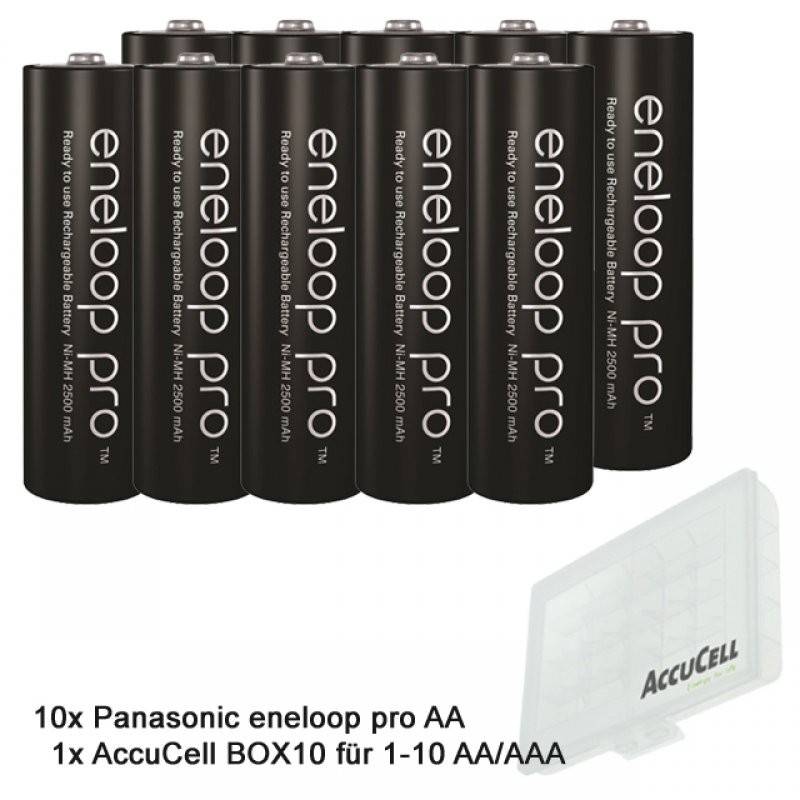 10 Panasonic eneloop Pro NiMH Akku, AA Mignon, 2500mAh mit extrastarker Leistung und AccuCell AccuSafe-1