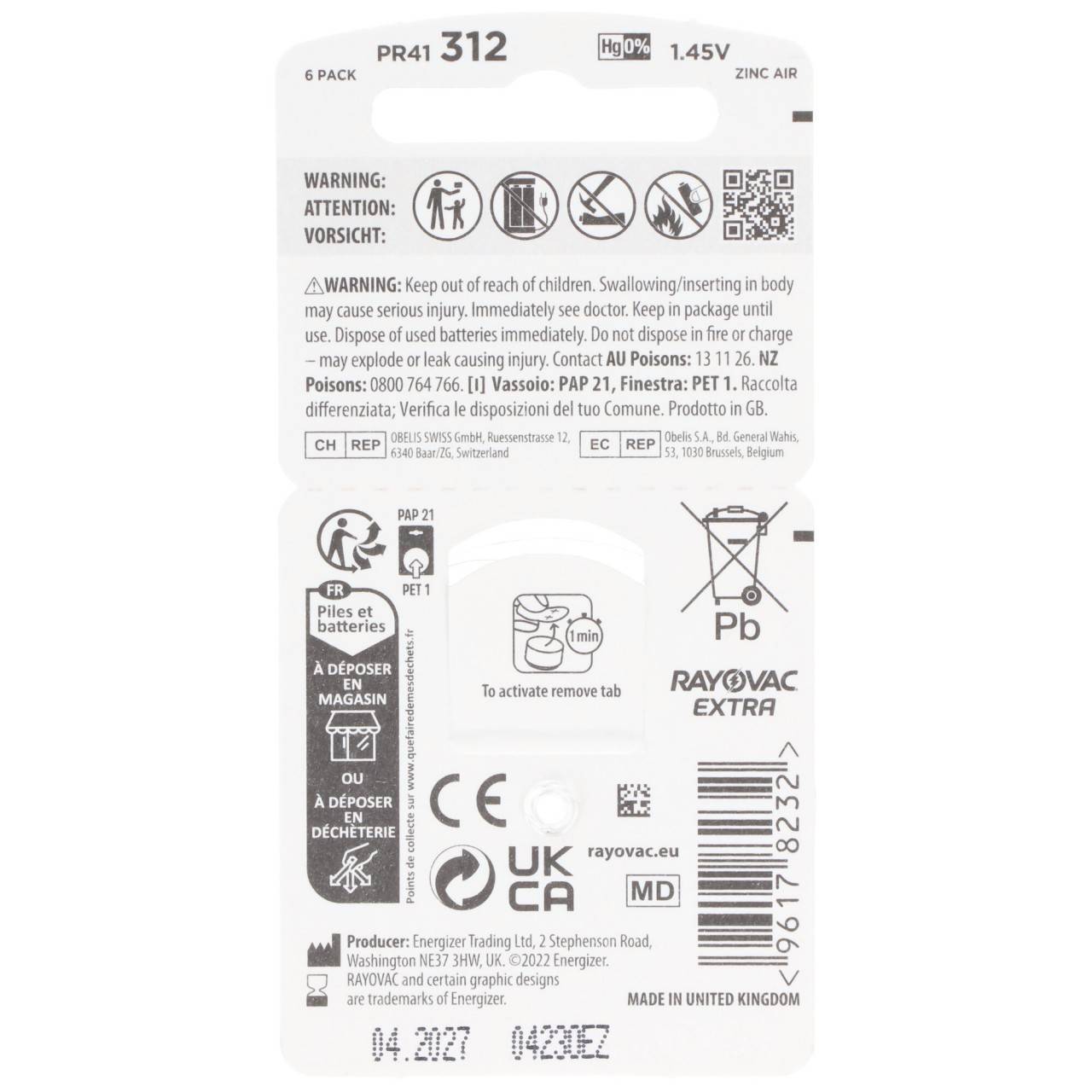 Rayovac Hörgerätebatterie H312MF Nr. 312 PR41 Extra Advanced, 180mAh 6 Stück im Blister-4