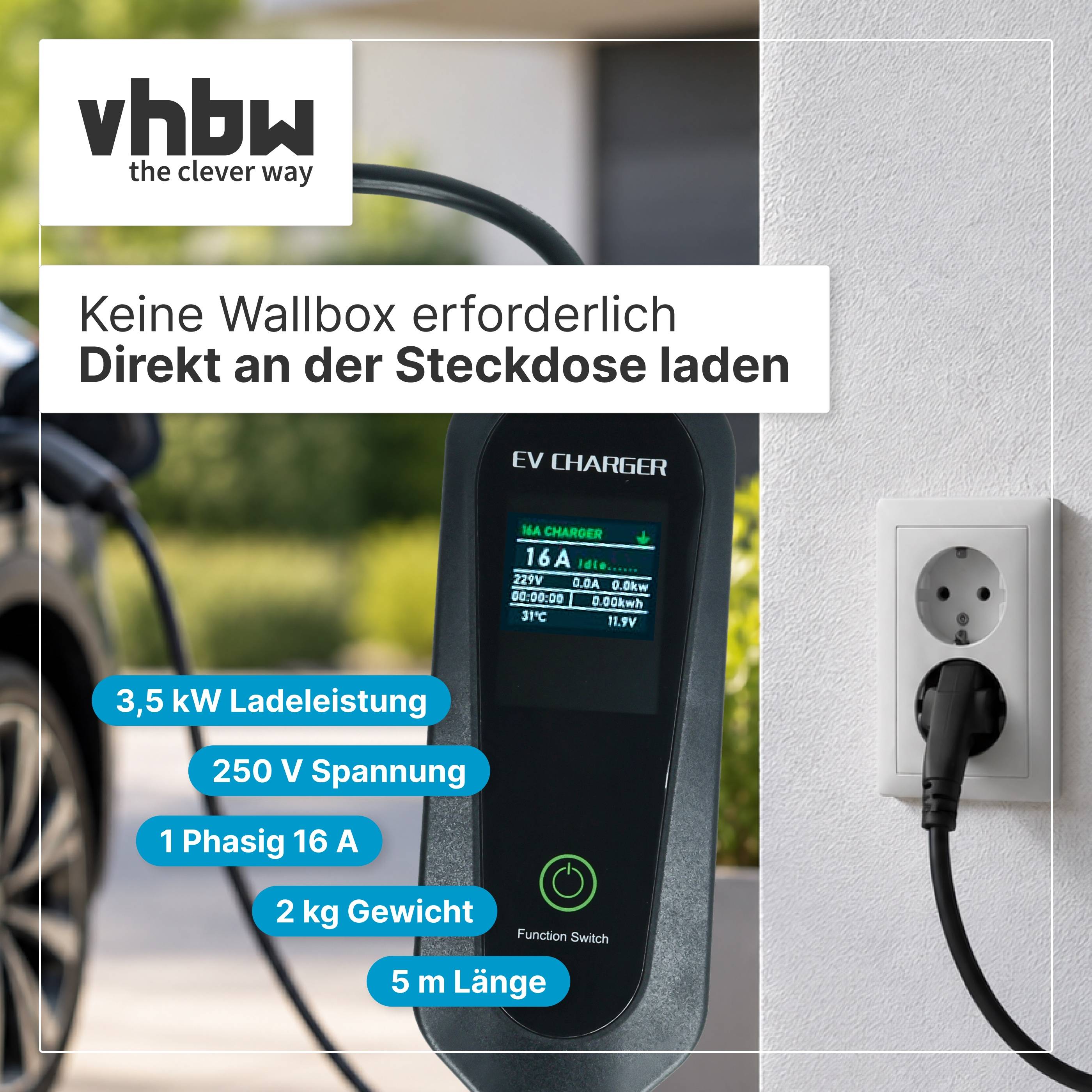 vhbw Typ 2 Ladekabel 3,5 kW 16 A 1-phasig 5 m | für E-Auto - Kabel für Wallbox & Haushaltssteckdose Typ F CEE 7/7-1
