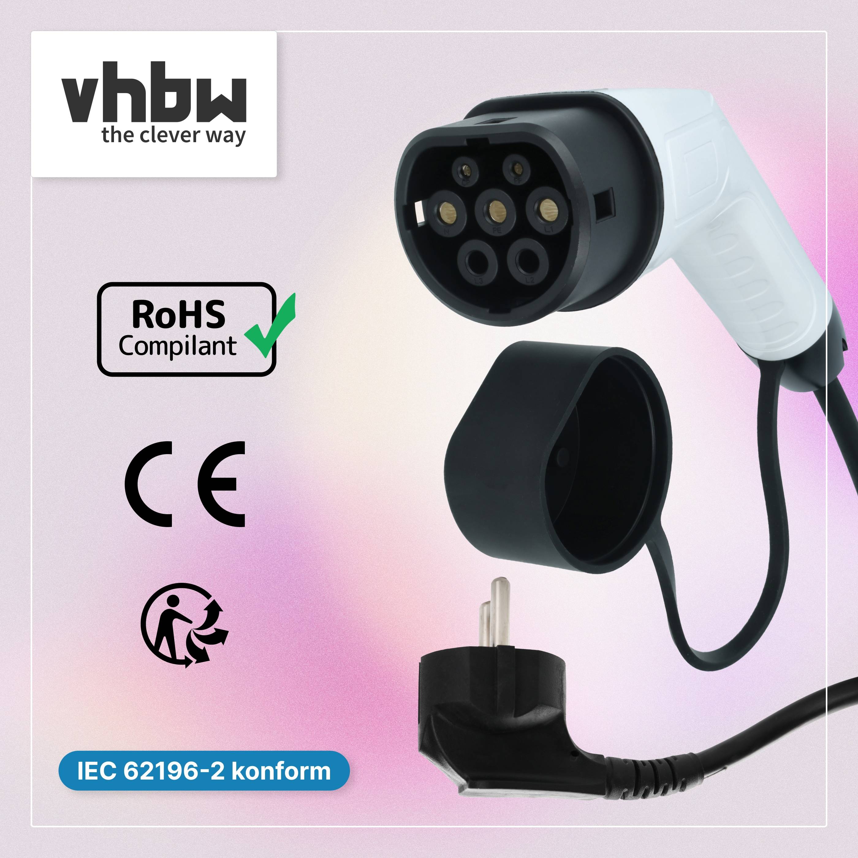 vhbw Typ 2 Ladekabel 3,5 kW 16 A 1-phasig 5 m | für E-Auto - Kabel für Wallbox & Haushaltssteckdose Typ F CEE 7/7-3