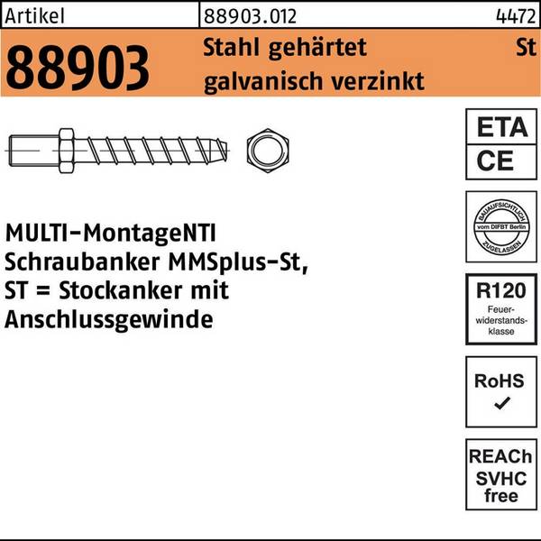 MULTI-MONTI-plus ST Betonschraube Stahl verzinkt Anschlussgewinde M8 SW10 - 7,5 x 80 mm - 50 Stück