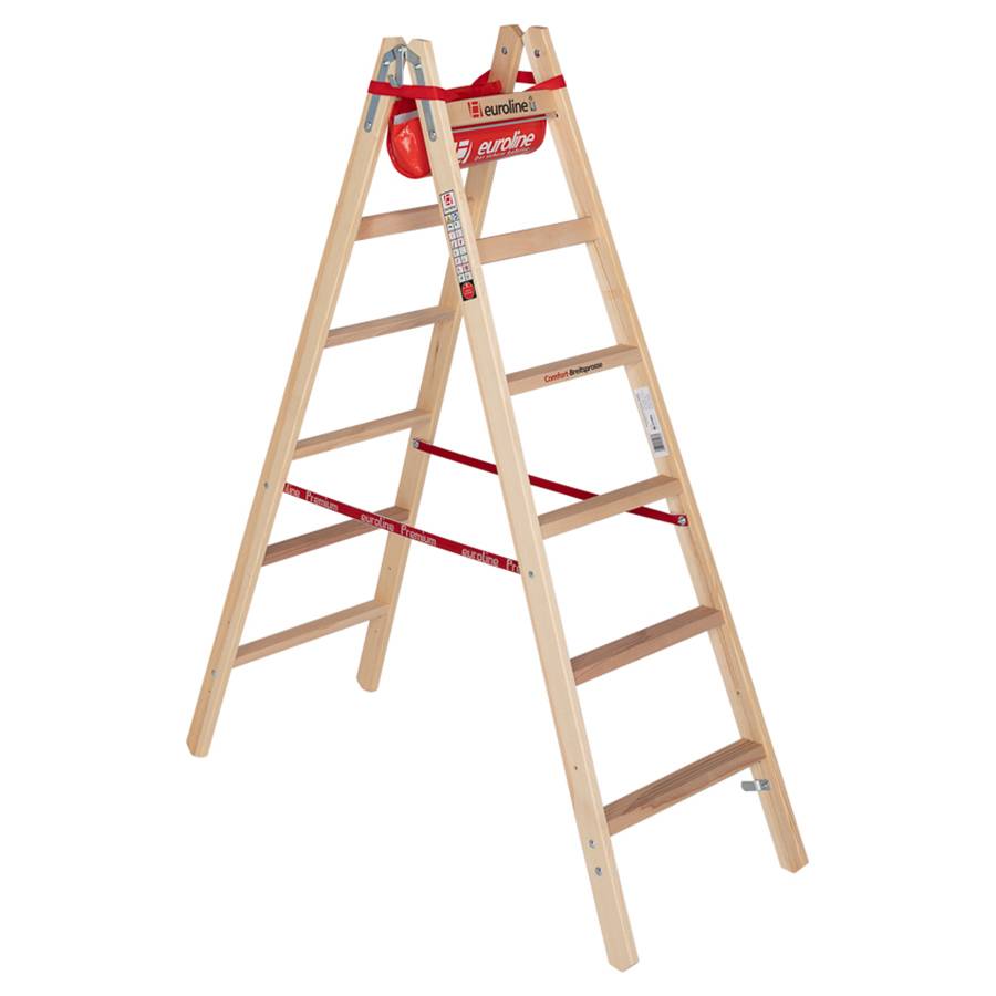 Euroline Holz Sprossenstehleiter mit Comfort-Breitsprossen, Eimerhaken und Werkzeugablagetasche 2x6-0