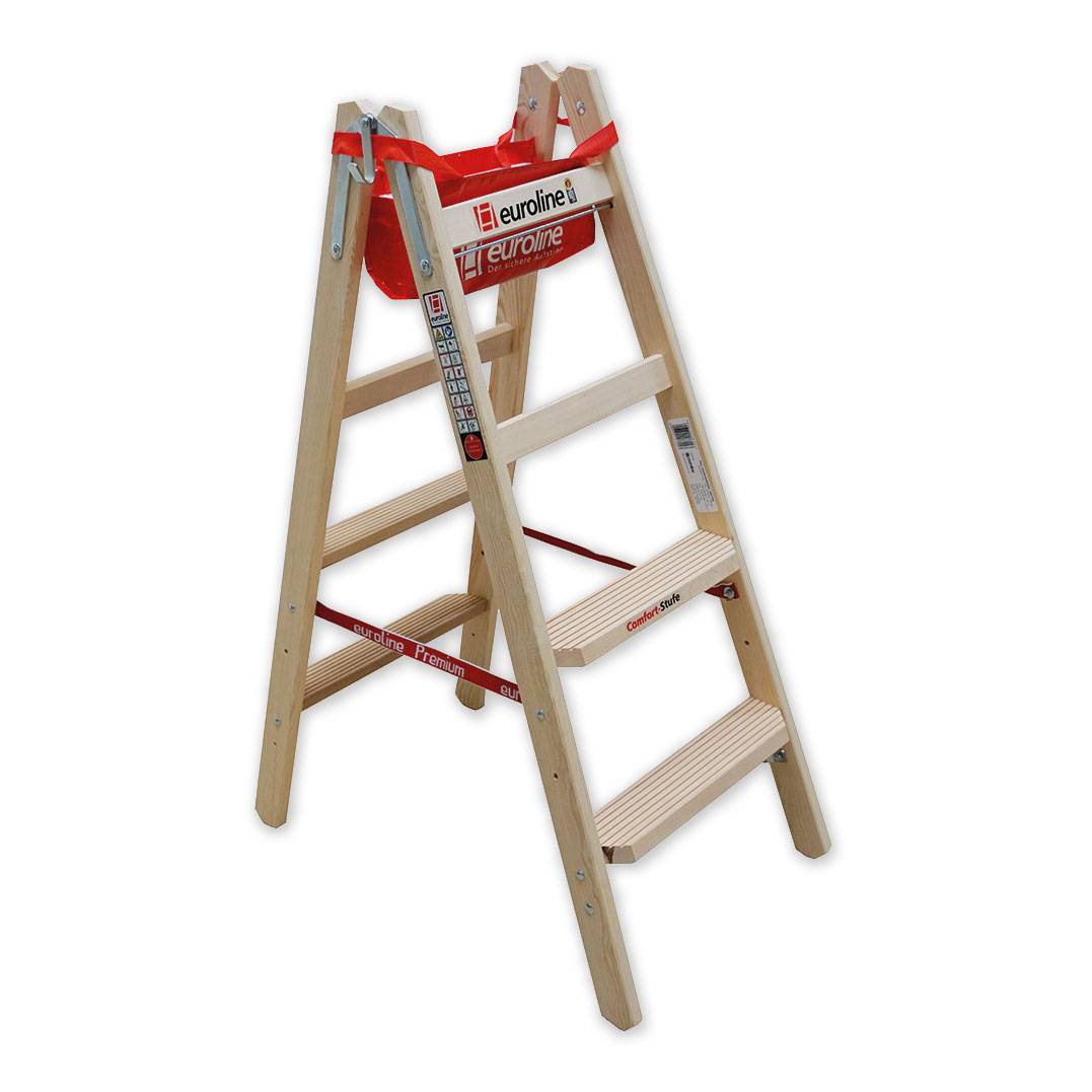 Holz-Stehleiter mit Komfort-Stufen beidseitig begehbar 2 x 4 Stufen. Euroline GmbH Friedrich Schlichte 58960649-0