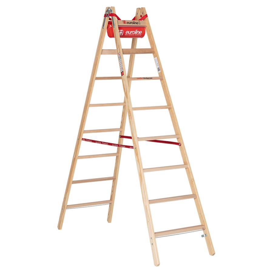 Euroline Holz Sprossenstehleiter mit Comfort-Breitsprossen, Eimerhaken und Werkzeugablagetasche 2x8-0