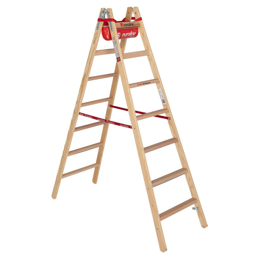Euroline Holz Sprossenstehleiter mit Comfort-Breitsprossen, Eimerhaken und Werkzeugablagetasche 2x7-0