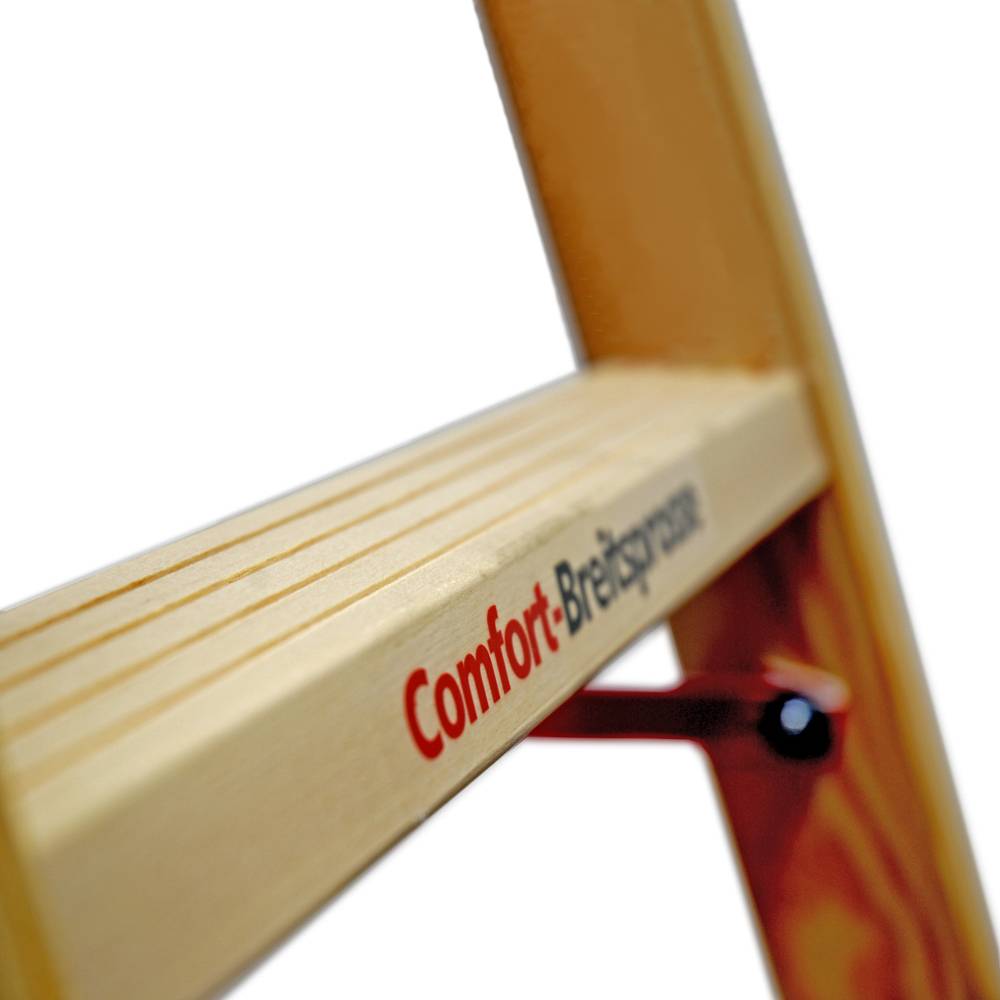 Euroline Holz Sprossenstehleiter mit Comfort-Breitsprossen, Eimerhaken und Werkzeugablagetasche 2x7-1