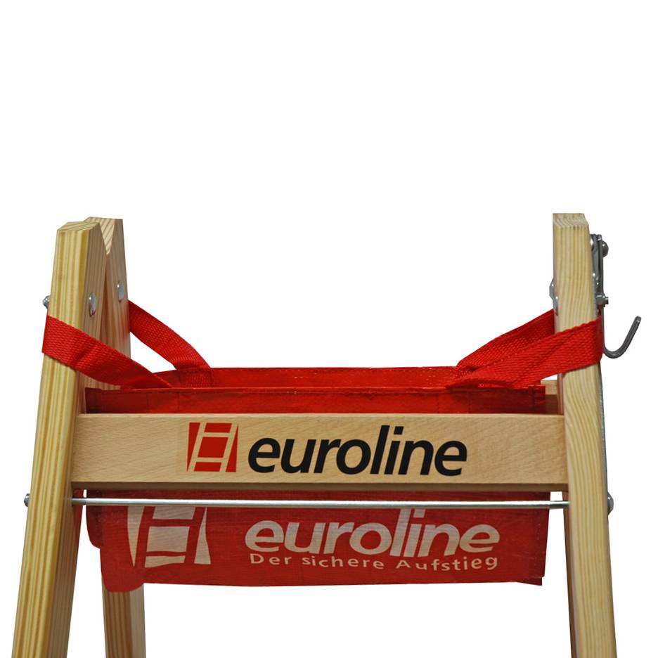 Euroline Holz Sprossenstehleiter mit Comfort-Breitsprossen, Eimerhaken und Werkzeugablagetasche 2x7-2