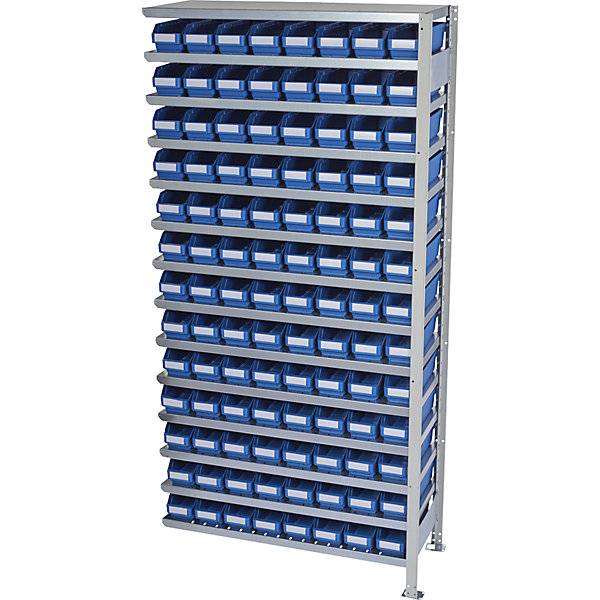 Steckregal mit Regalkästen Regalhöhe 2100 mm Anbauregal Tiefe 300 mm 104 Kästen blau. STEMO Lagerstandard