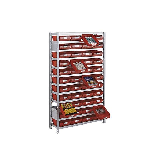Steckregal mit Regalkästen Regalhöhe 1790 mm Anbauregal Tiefe 300 mm 44 Kästen rot. STEMO Lagerstandard GmbH