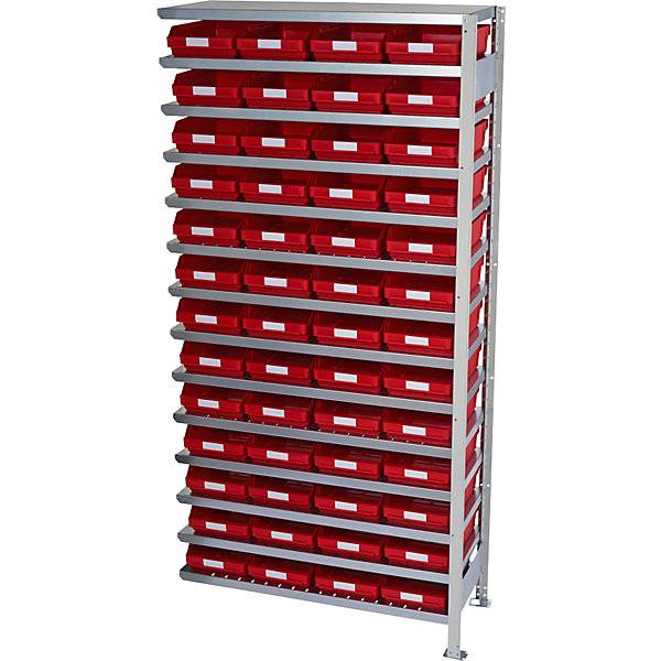 Steckregal mit Regalkästen Regalhöhe 2100 mm Anbauregal Tiefe 300 mm 52 Kästen rot. STEMO Lagerstandard GmbH