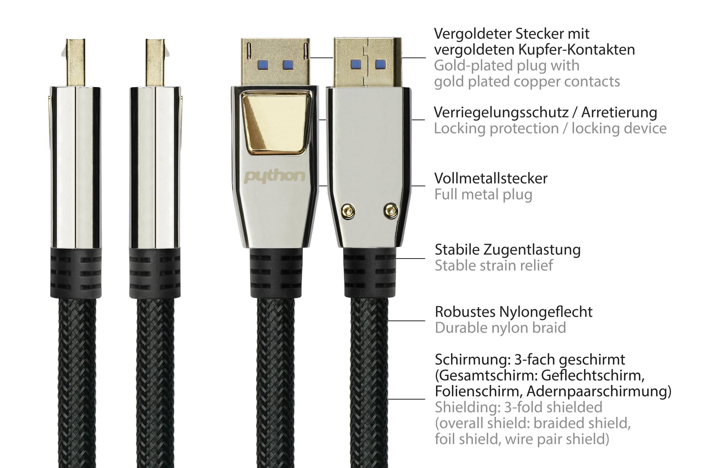 PREMIUM DisplayPort 2.0 Kabel, 4K @240Hz / 8K @60Hz, Vollmetallstecker, Kupferleiter,schwarz, 0,5m PYTHON® Series-1