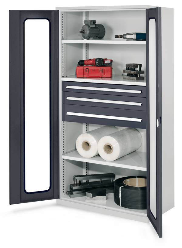 Schwerlastschrank ohne Mitteltrennwand 1950 x 1000 x 600 mm Mod 46 RAL 7035/7016. Sichtfenstertüren 3 Fachböden