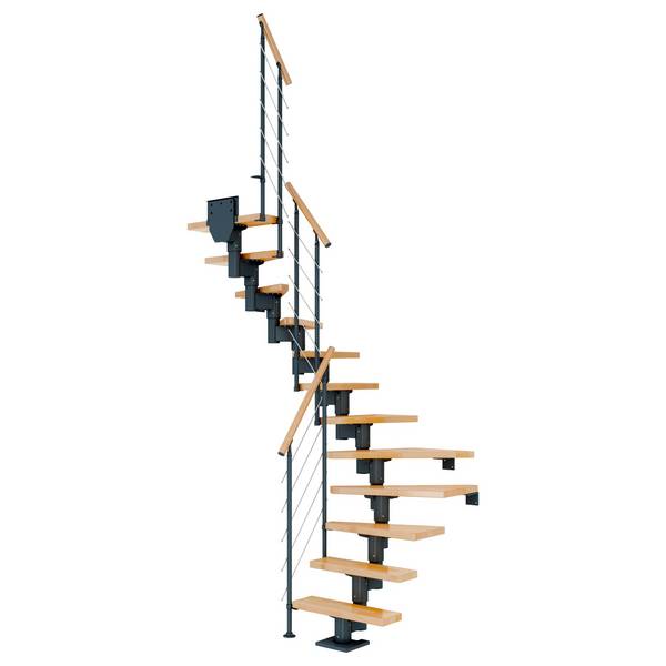 Dolle Mittelholmtreppe Dublin 1/2 gewendelt aus Buche lackiert 71 cm breit für GH 240–292 cm UK Metall Anthrazit mitl