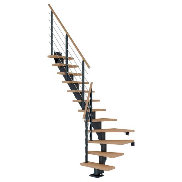 Dolle Mittelholmtreppe Frankfurt 1/4 gewendelt Eiche weiß, geölt 75 cm breit für GH 222 – 258 cm UK Metall Anthrazi