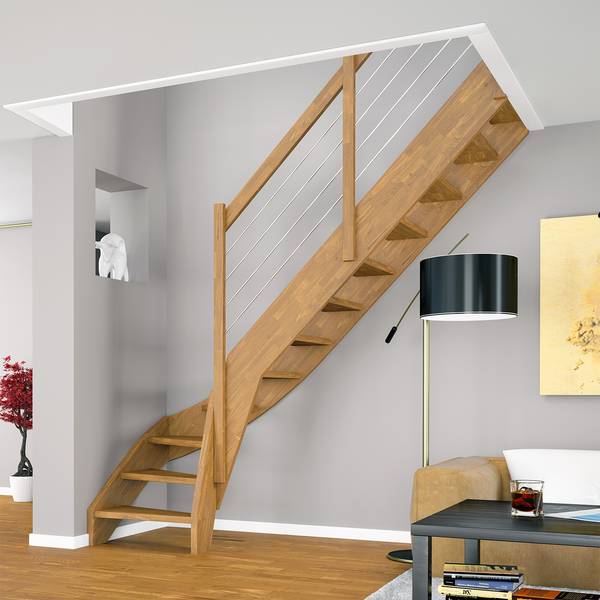 Dolle Raumspartreppe Faro 1/4-gewendelt 243-299cm GH 55-75cm breit Eiche unbehandelt Knieleiste aus