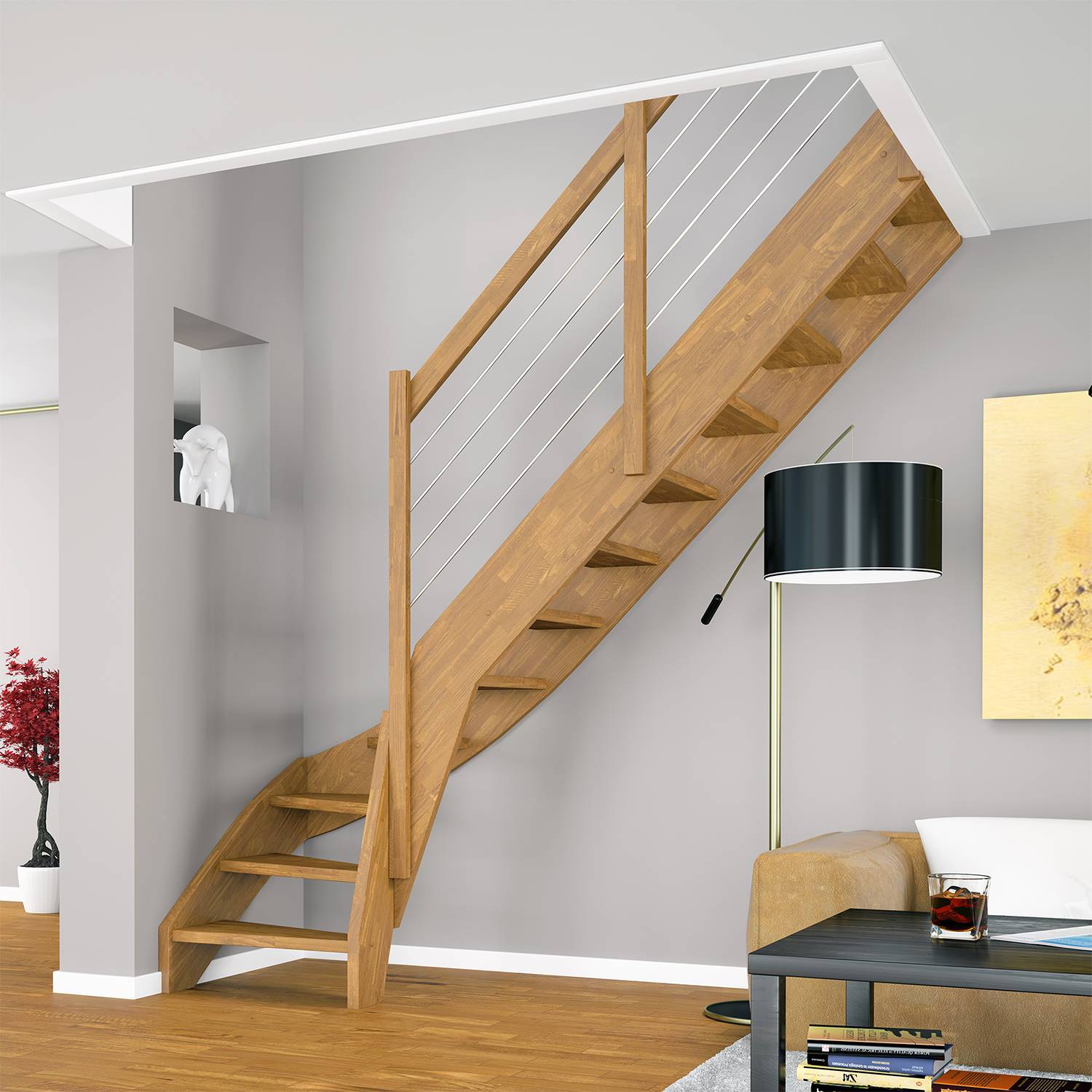 Dolle Raumspartreppe Faro 1/4-gewendelt 243-299cm GH 55-75cm breit Eiche unbehandelt Knieleiste aus-0