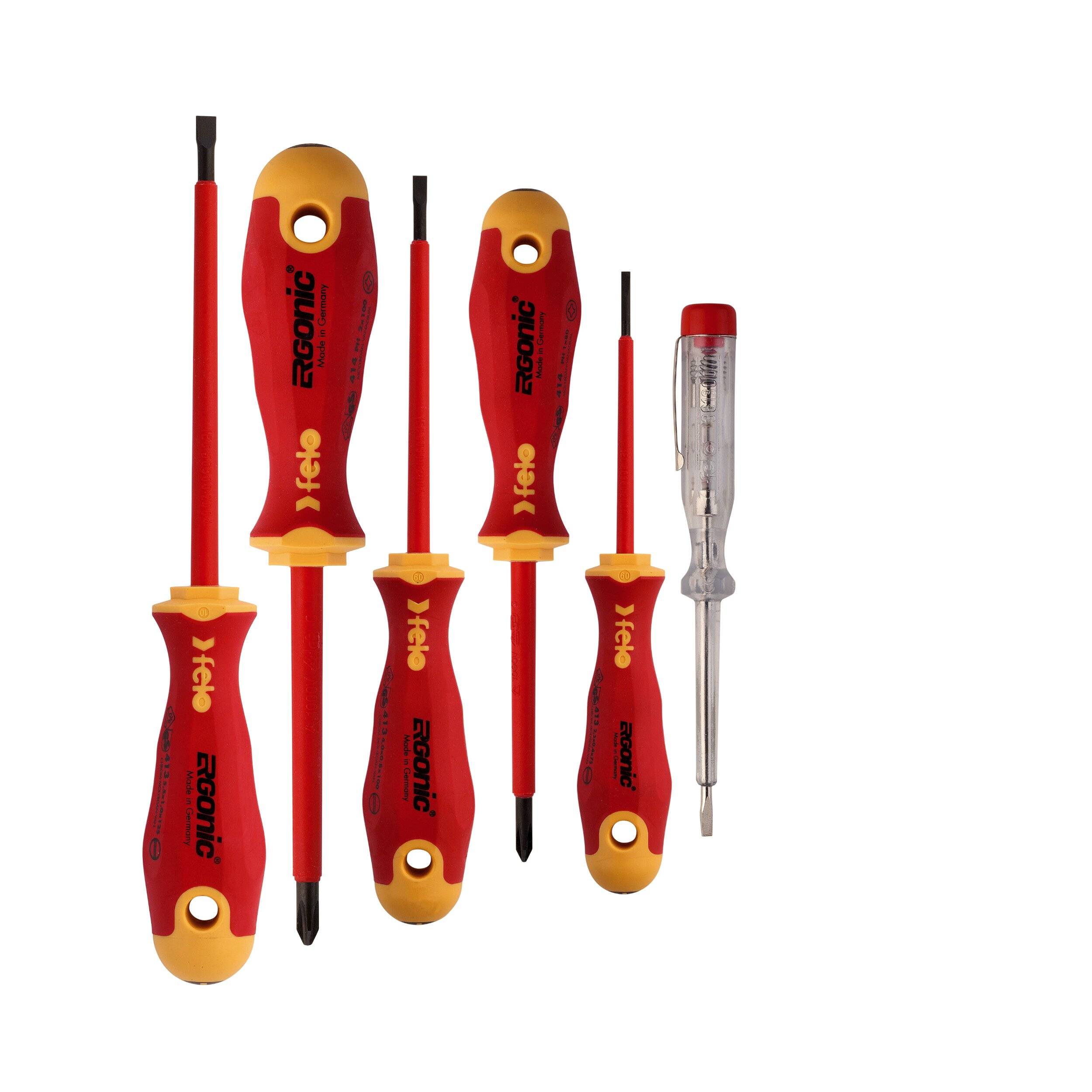 Felo SD ERGONIC VDE Satz 6-tlg. 3 x Schlitz /1x PH (Kreuz) / 1 x Phasenprüfer VDE 120-250V