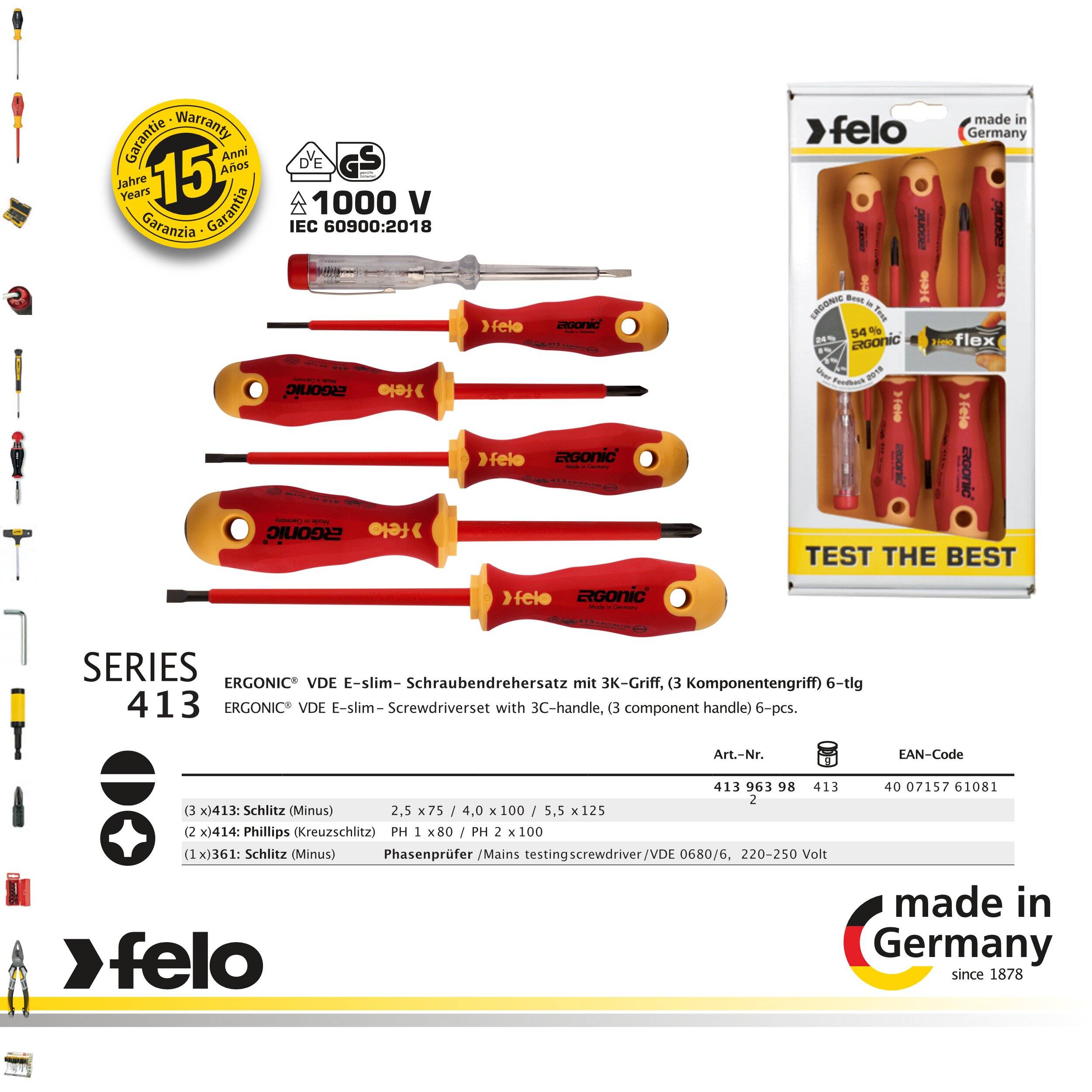 Felo SD ERGONIC VDE Satz 6-tlg. 3 x Schlitz /1x PH (Kreuz) / 1 x Phasenprüfer VDE 120-250V-1