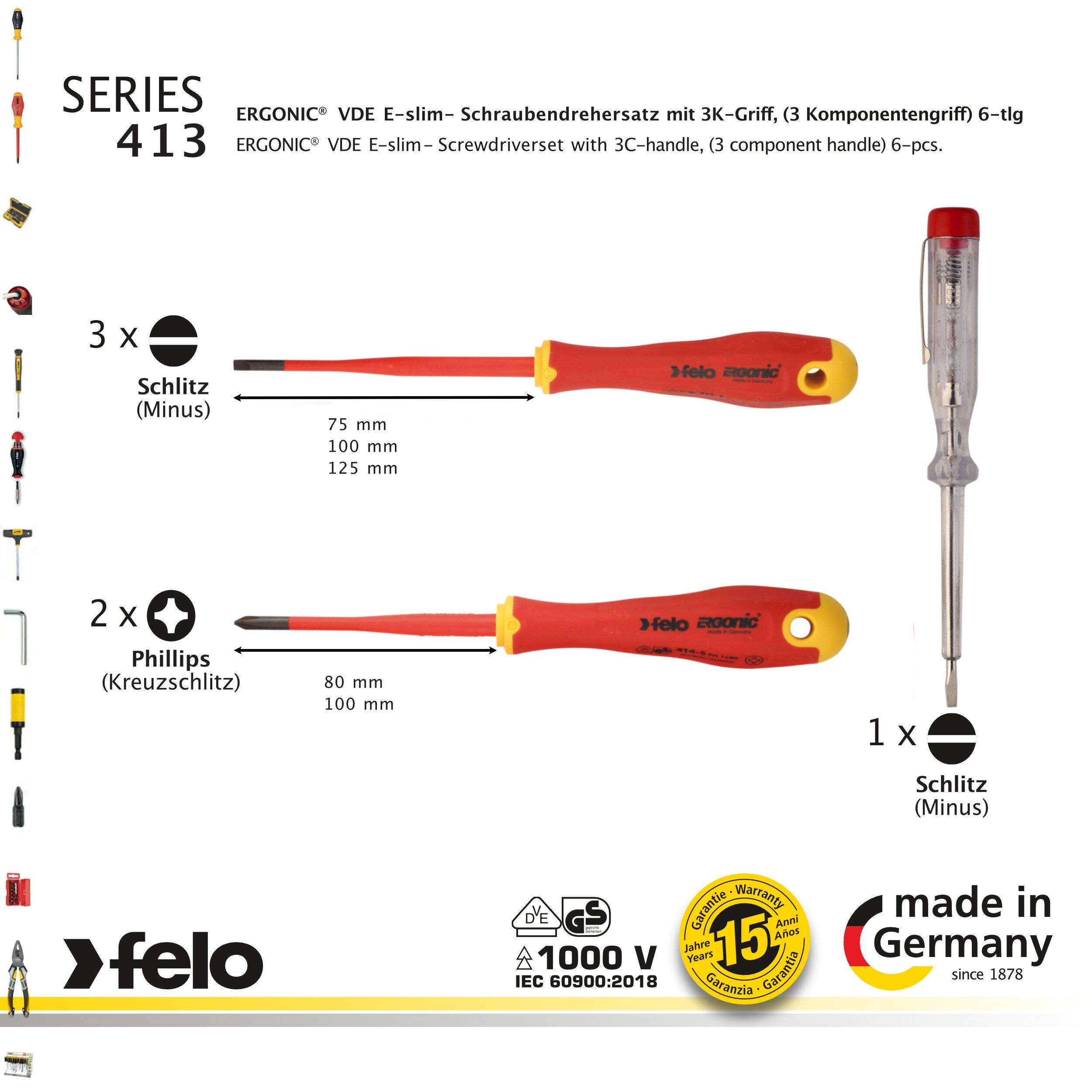 Felo SD ERGONIC VDE Satz 6-tlg. 3 x Schlitz /1x PH (Kreuz) / 1 x Phasenprüfer VDE 120-250V-2