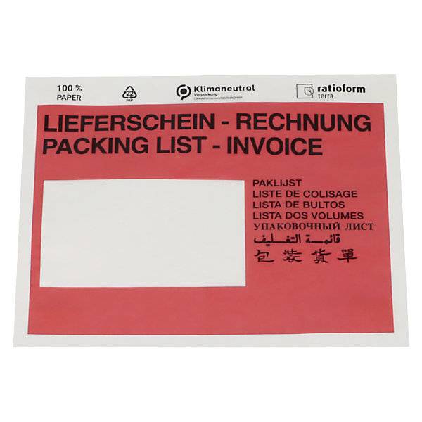 Dokumententaschen aus Papier Aufdruck Lieferschein - Rechnung VE 1000 Stk LxB 175 x 131 mm rot. TAKKT-0
