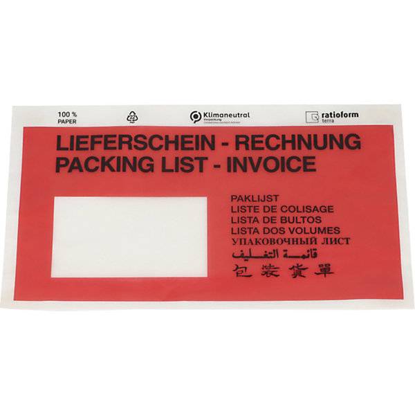 Dokumententaschen aus Papier Aufdruck Lieferschein - Rechnung VE 1000 Stk LxB 240 x 131 mm rot. TAKKT-0