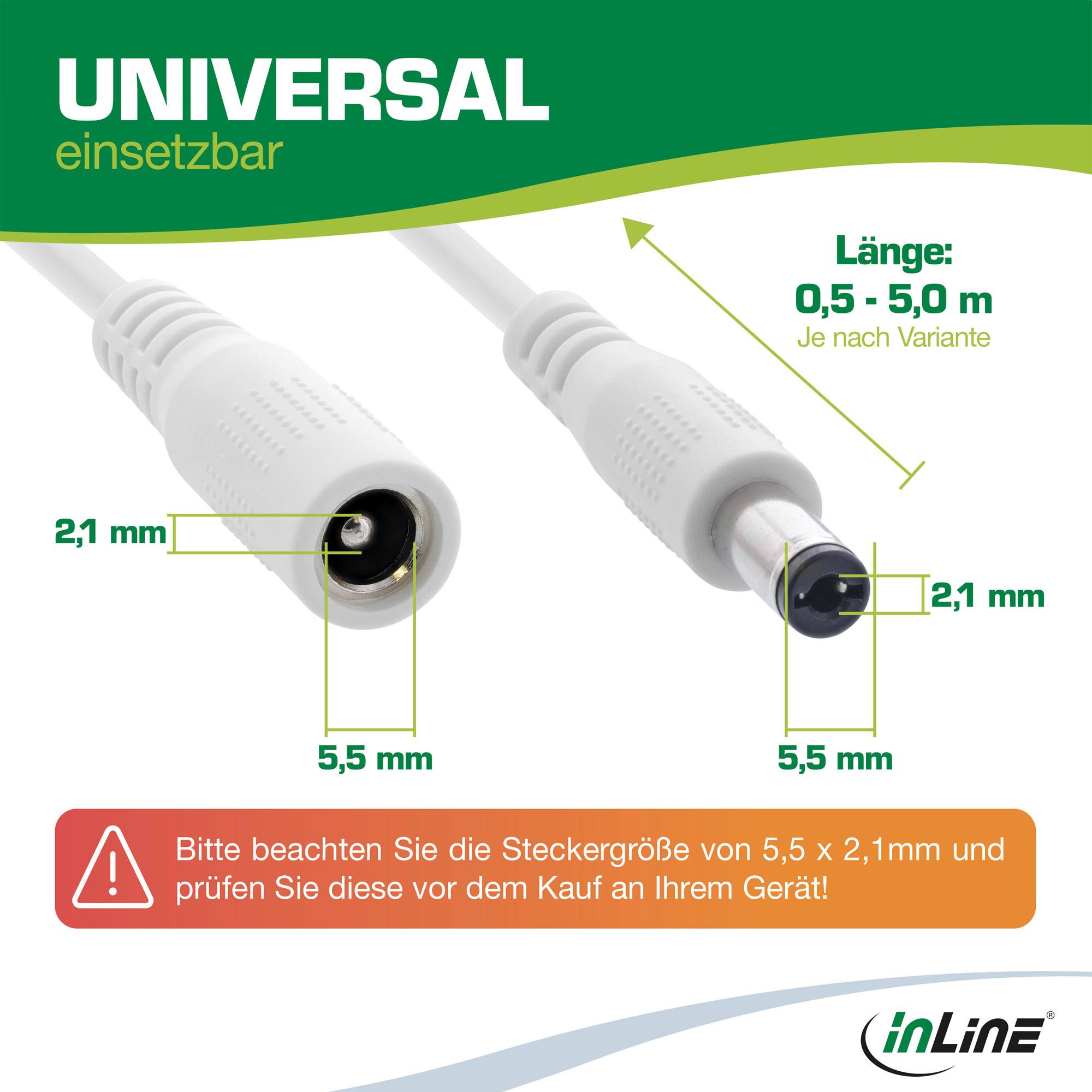 InLine® Verlängerungskabel, DC Stecker 5,5x2,1mm, weiß, 2m-3