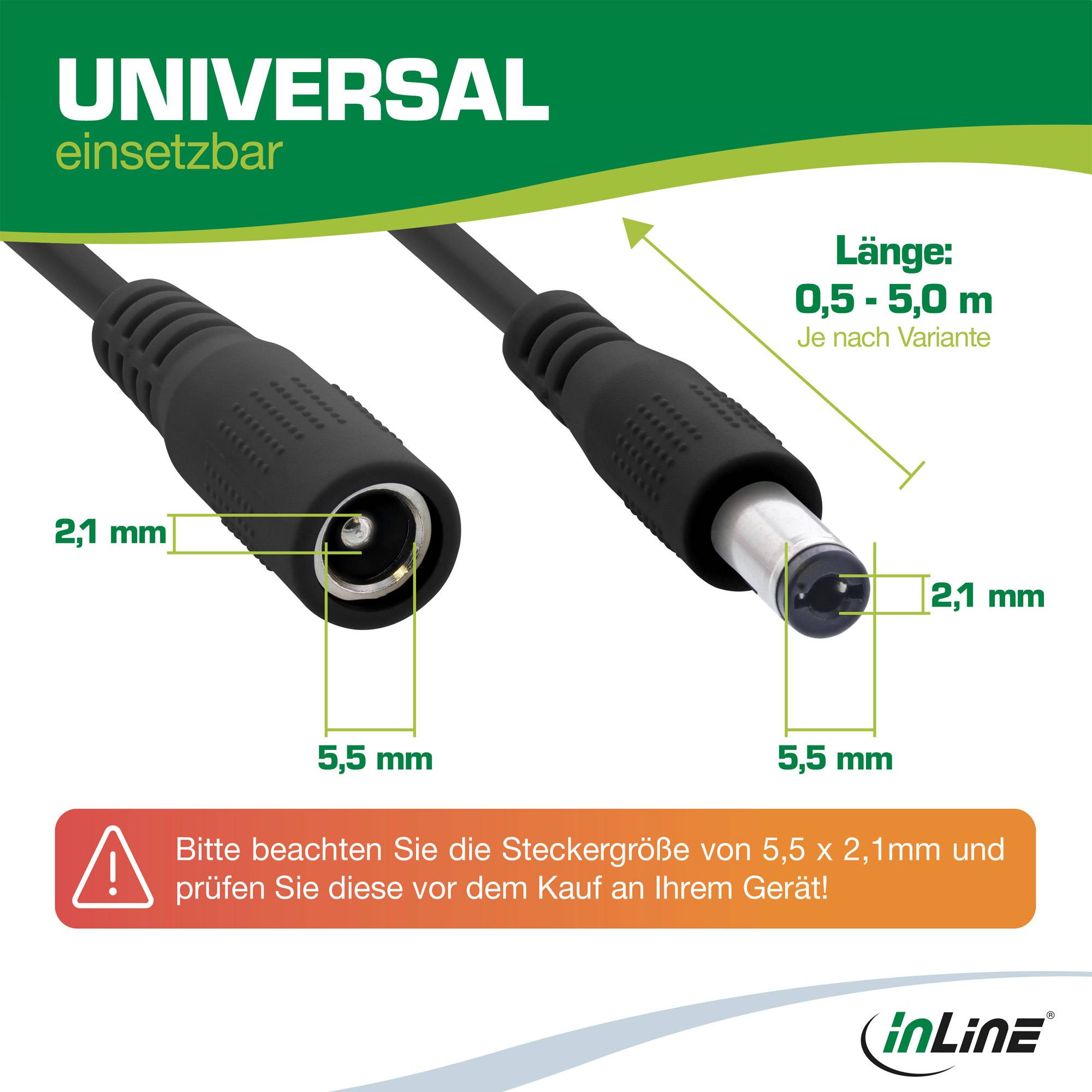InLine® DC Verlängerungskabel, 5,5 x 2,1 mm, AWG 24, schwarz, 2 m-2