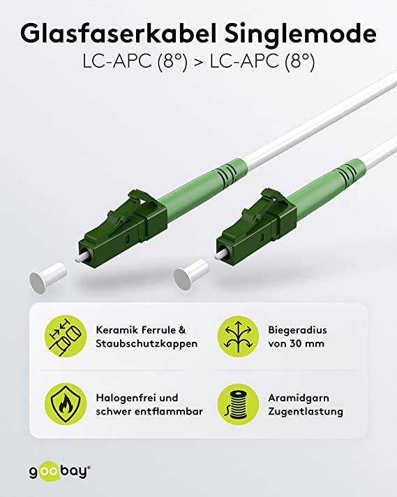 Goobay 59592 Glasfaserkabel FTTH Singlemode OS2 Simplex LC-APC 100 Gbit/s LWL Kabel Patchkabel halogenfrei Weiß, 30.00 m-1